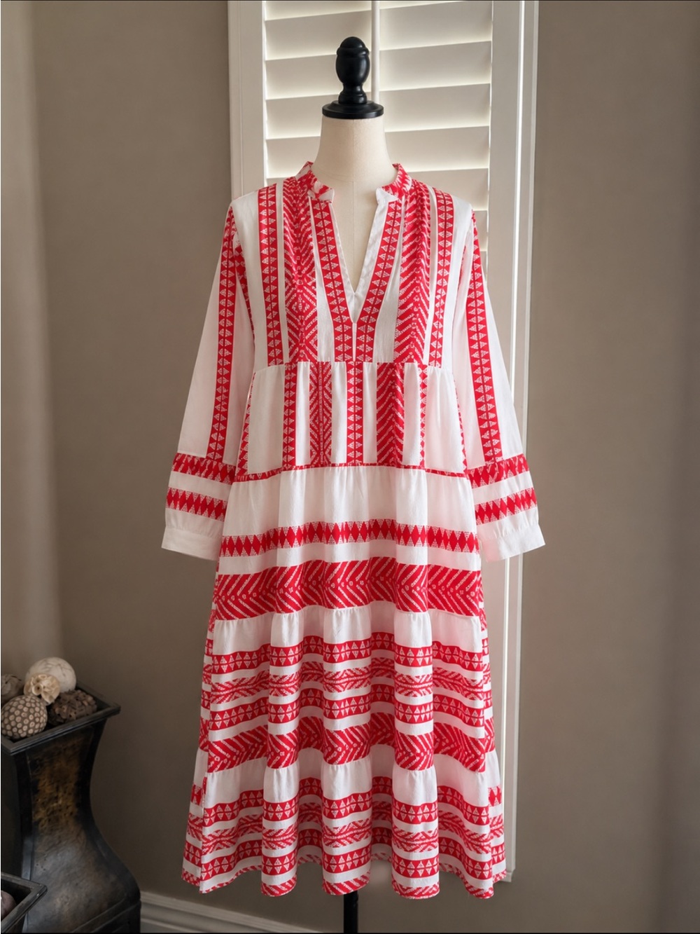 White Dress with Red Embroidered Stripes - Long Sleeve Women’s Tiered Dress